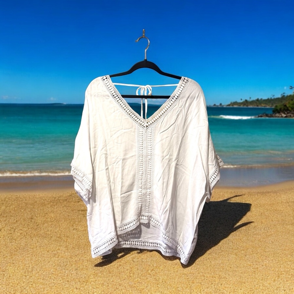 White Boho Crochet Trim Loose Fit Cover-Up Top